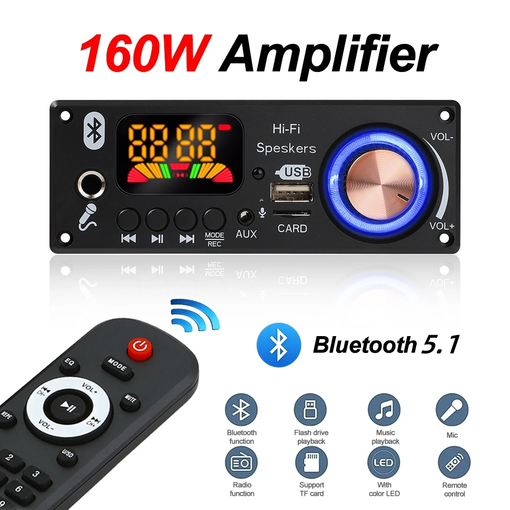 Placa Decodificadora MP3 para Carro, Amplificador 160W, Bluetooth 5.1, 2*80W, Leitor de Áudio, 12V, DIY, Módulo de Rádio FM, TF, USB, Microfone, Gravação, Chamada, 12V