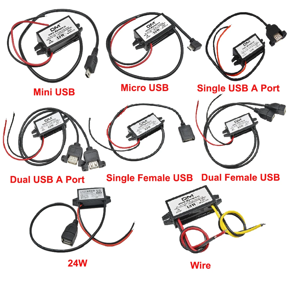 Conversor DC-DC Step Down Buck de 12V para 5V 2A 3A 15W 24W, Módulo de Fonte de Alimentação com Adaptador Mini USB, Micro USB Macho/Fêmea e Tipo-C