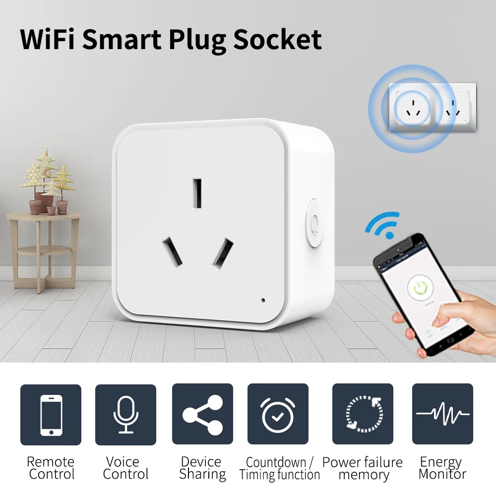 Tomada Inteligente Padrão Australiano e Neozelandês TUYA com Controle por Voz, WiFi e Controle Remoto via Celular com Temporizador