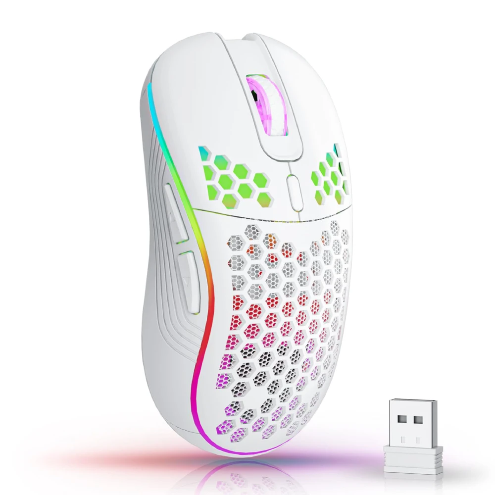 Mouse sem fio 2.4G com retroiluminação RGB 6 botões 3 velocidades DPI Tipo C recarregável ergonômico design em favo de mel mouse para jogos