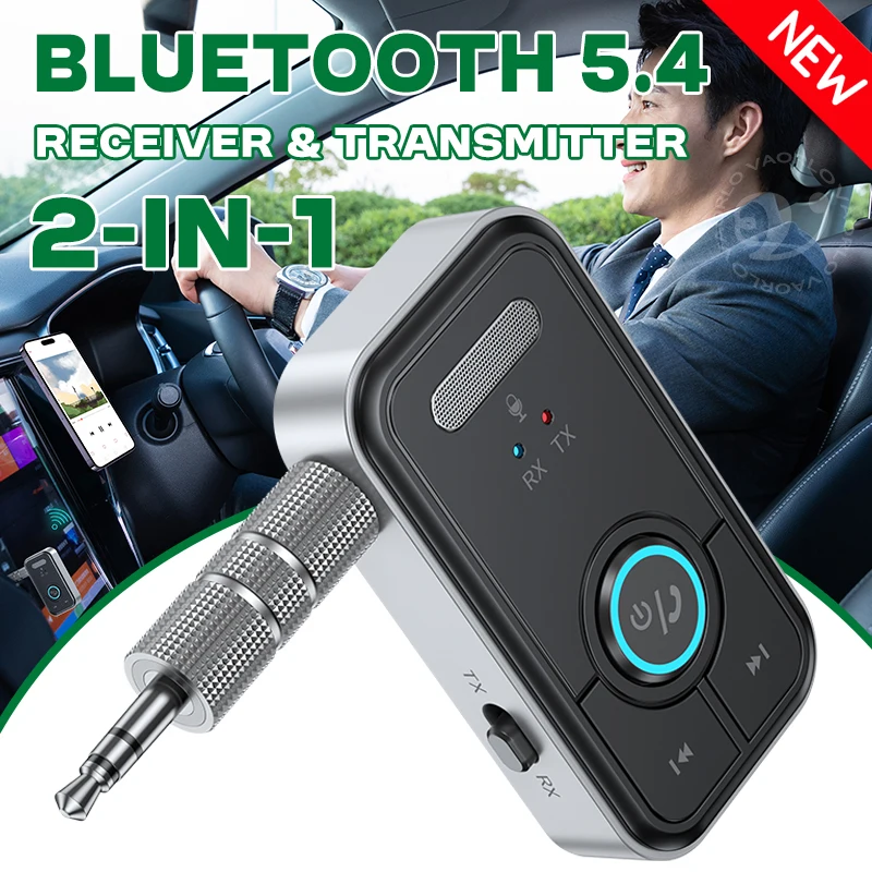 Adaptador de áudio aux para carro, bluetooth 5.4, atualizado, alta fidelidade, estéreo, música, receptor sem fio, transmissor 3.5mm com microfone, chamadas para kit de carro