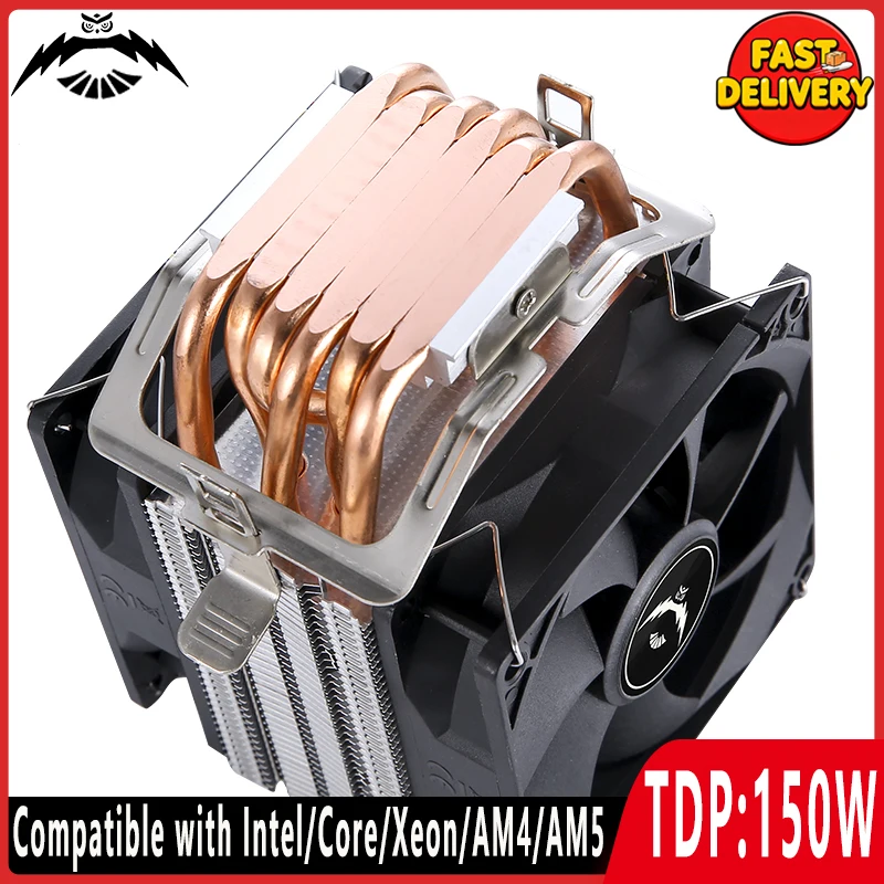 Cooler de Processador para PC com 2/4/6 Heat Pipes, Ventoinha de CPU de 90mm, Resfriamento a Ar, Compatível com 4 pinos/PWM, LGA2011 2066 X79 X99 115x 1200 1700 1851 AM4 AM5