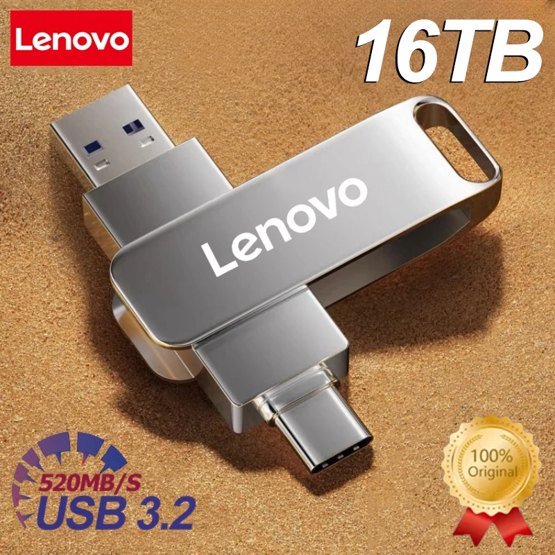 Pen Drive USB3.2 Lenovo 16TB OTG, Disco Flash de Alta Velocidade Tipo-C, Capacidade Real, Pendrive de Metal para Telefone e Computador Pen Drive USB3.2 Lenovo 16TB OTG, Disco Flash de Alta Velocidade Tipo-C, Capacidade Real, Pendrive de Metal para Telefone e Computador