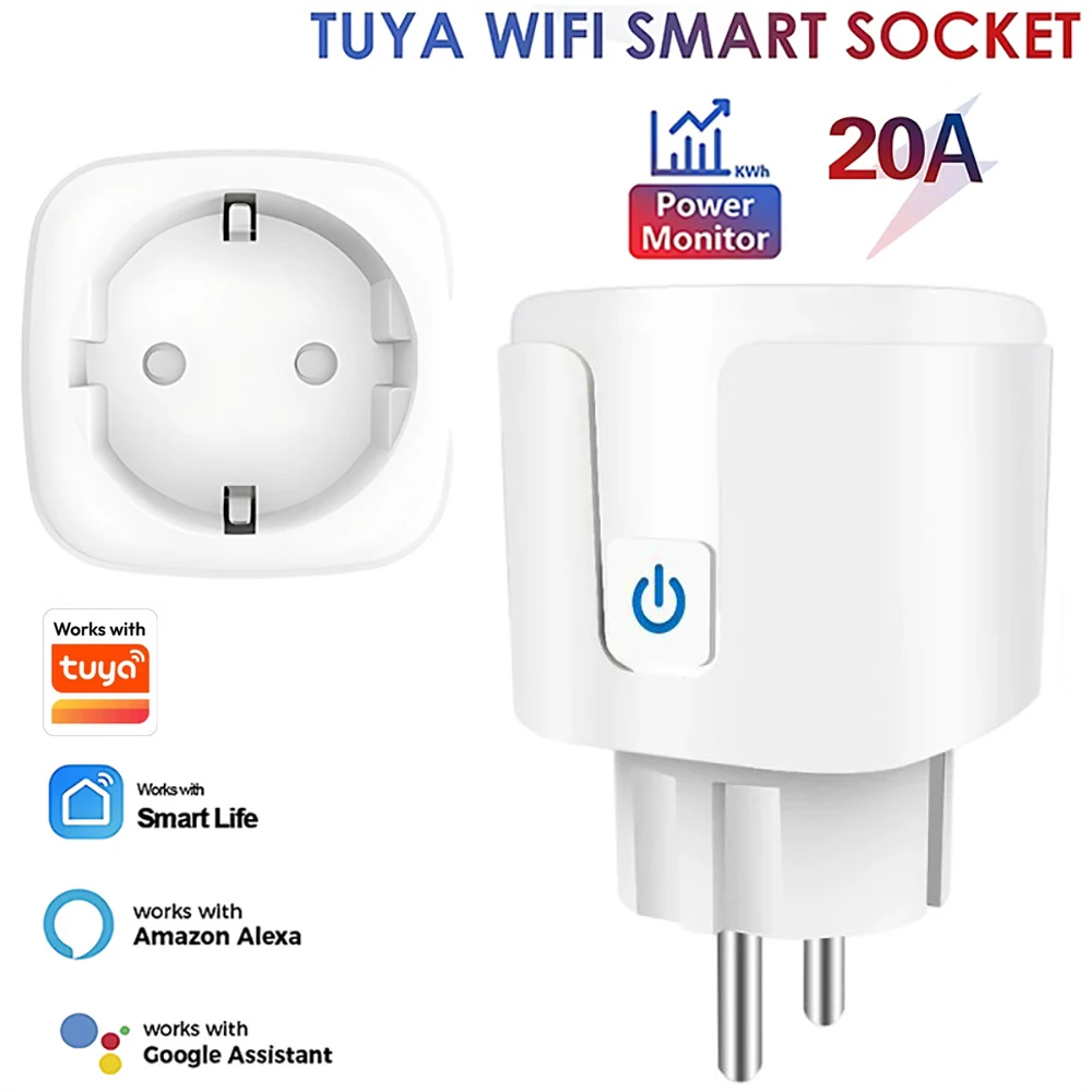 Tomada Inteligente EU Plug WIFI 16/20A com Monitor de Energia, Temporizador e Controle por Voz, Compatível com Tuya APP, Alexa, Google Home e Alice