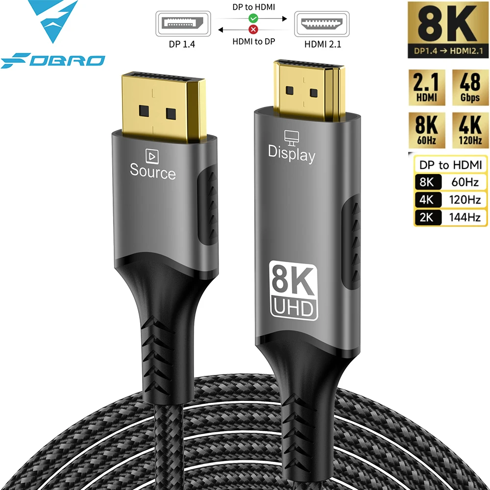 Displayport para hdmi-cabo compatível dp1.4 para hdmi 2.1 conversor 8k @ 60hz 4k @ 120hz hdr para desktop portátil pc tv monitor projetor