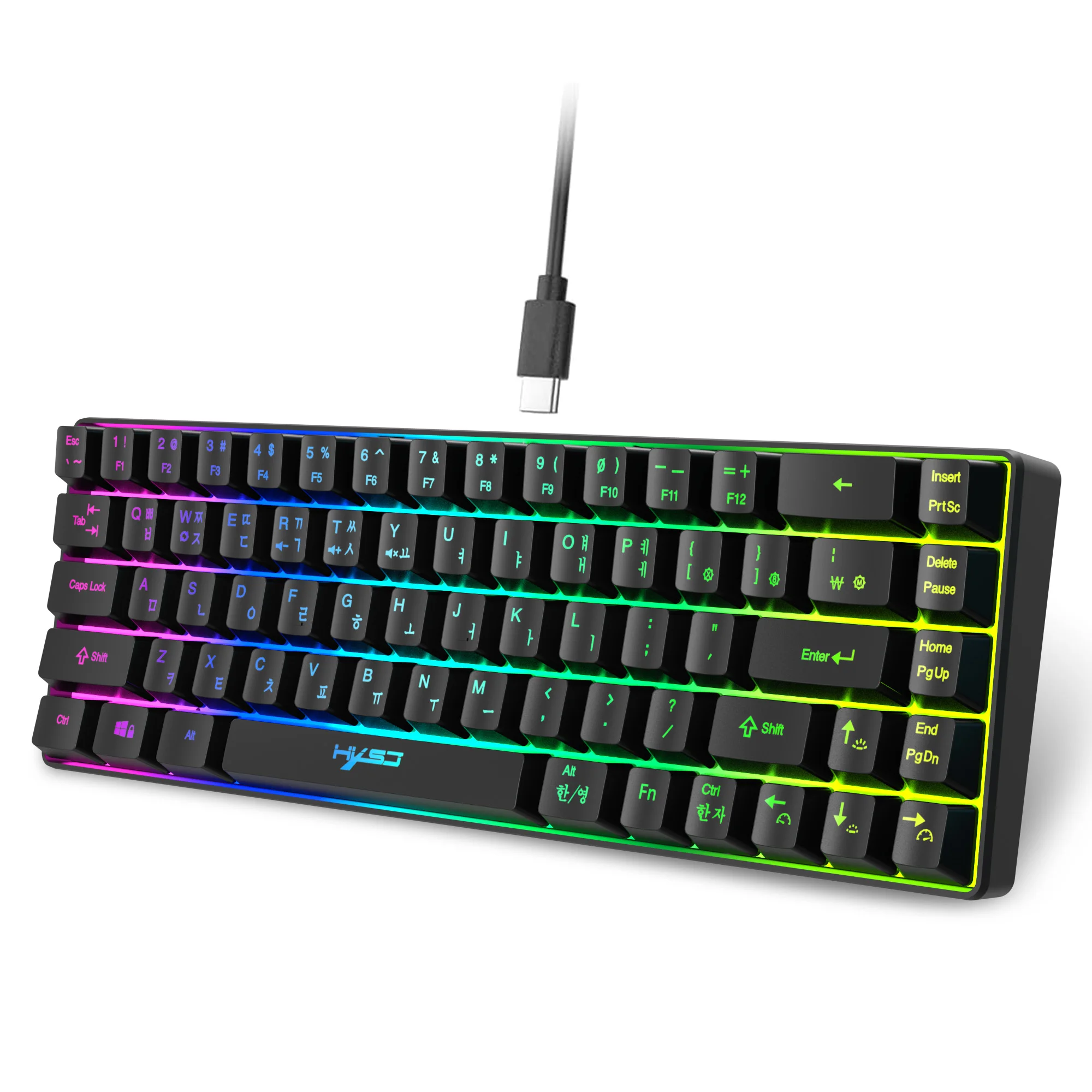Teclado Gamer de 68 Teclas USB com Fio Portátil, 20 Retroiluminações RGB, Teclado Coreano para Laptops e Computadores Windows