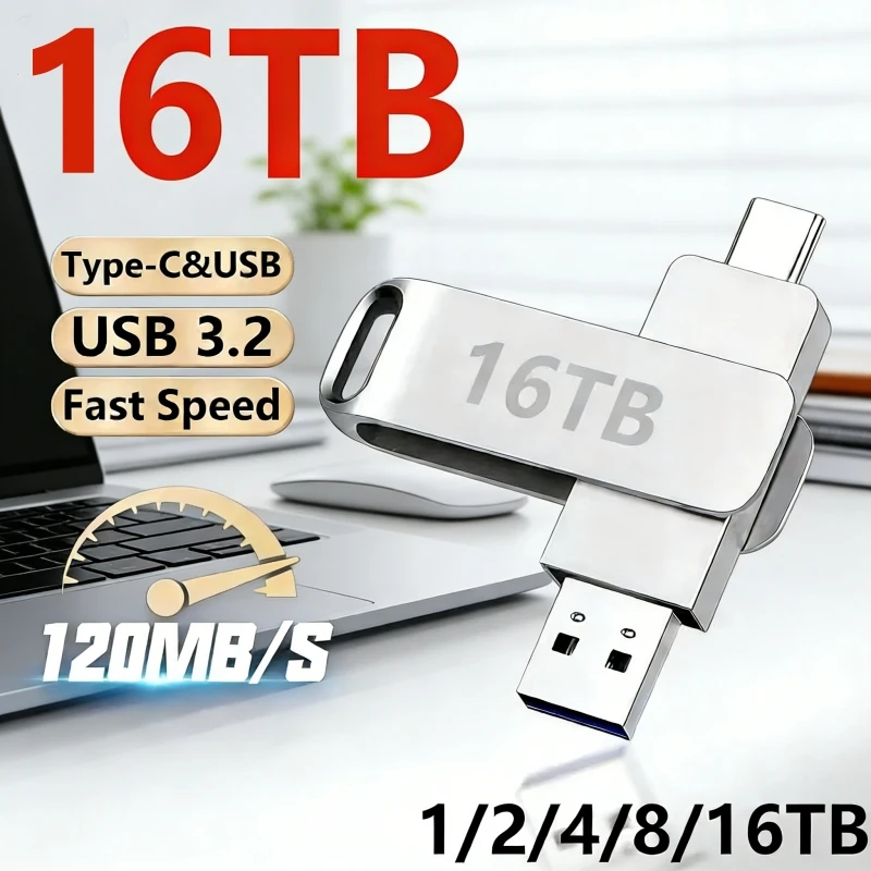 Pen Drives de 16TB e 2TB USB 3.2, Disco U de Alta Velocidade, Pendrive Metálico à Prova d'Água Tipo-C, Memória USB para Xiaomi e Samsung