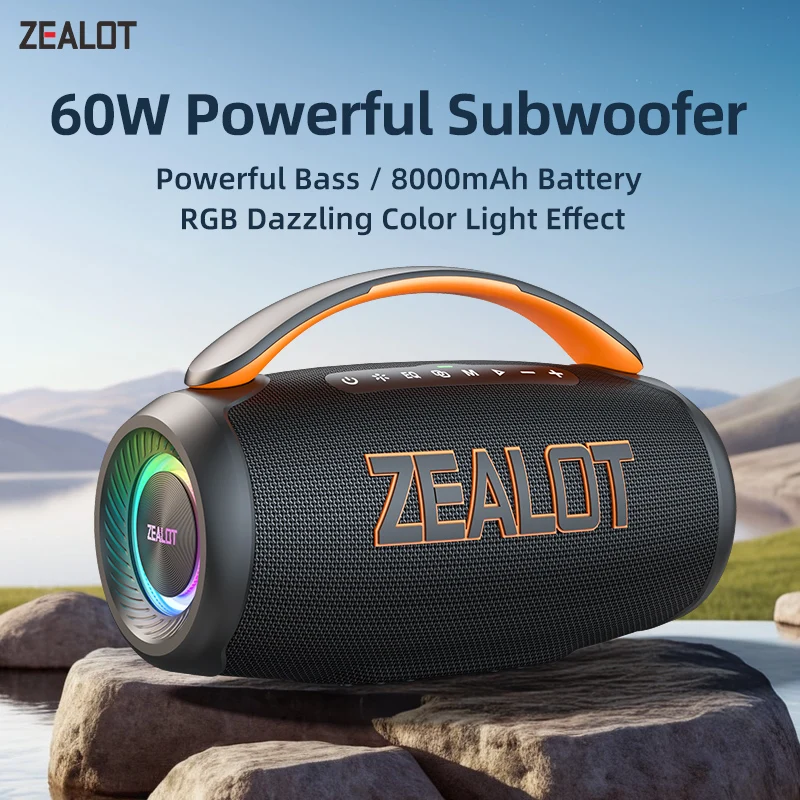 Alto-falante Zealot-P12 60W Alto-falante Bluetooth portátil com IPX6 à prova d'água, alça confortável, iluminação controlável, TF, USB