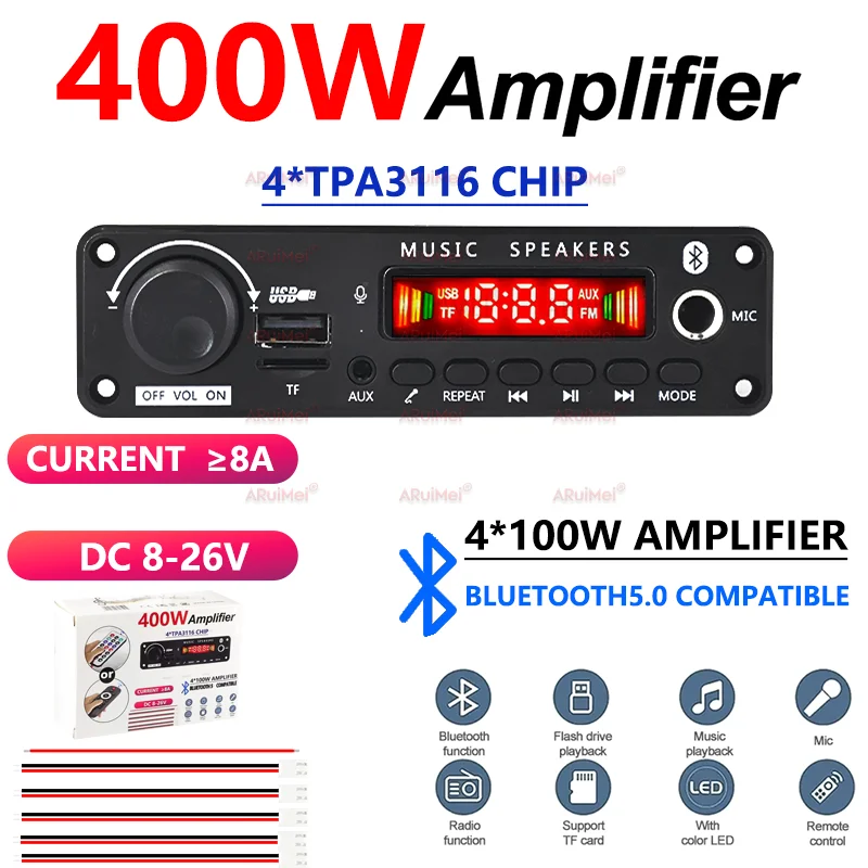 400w amplificador bluetooth mp3 wma ape placa decodificadora DC8-26V handsfree microfone de áudio do carro usb tf rádio fm diy mp3 leitor música