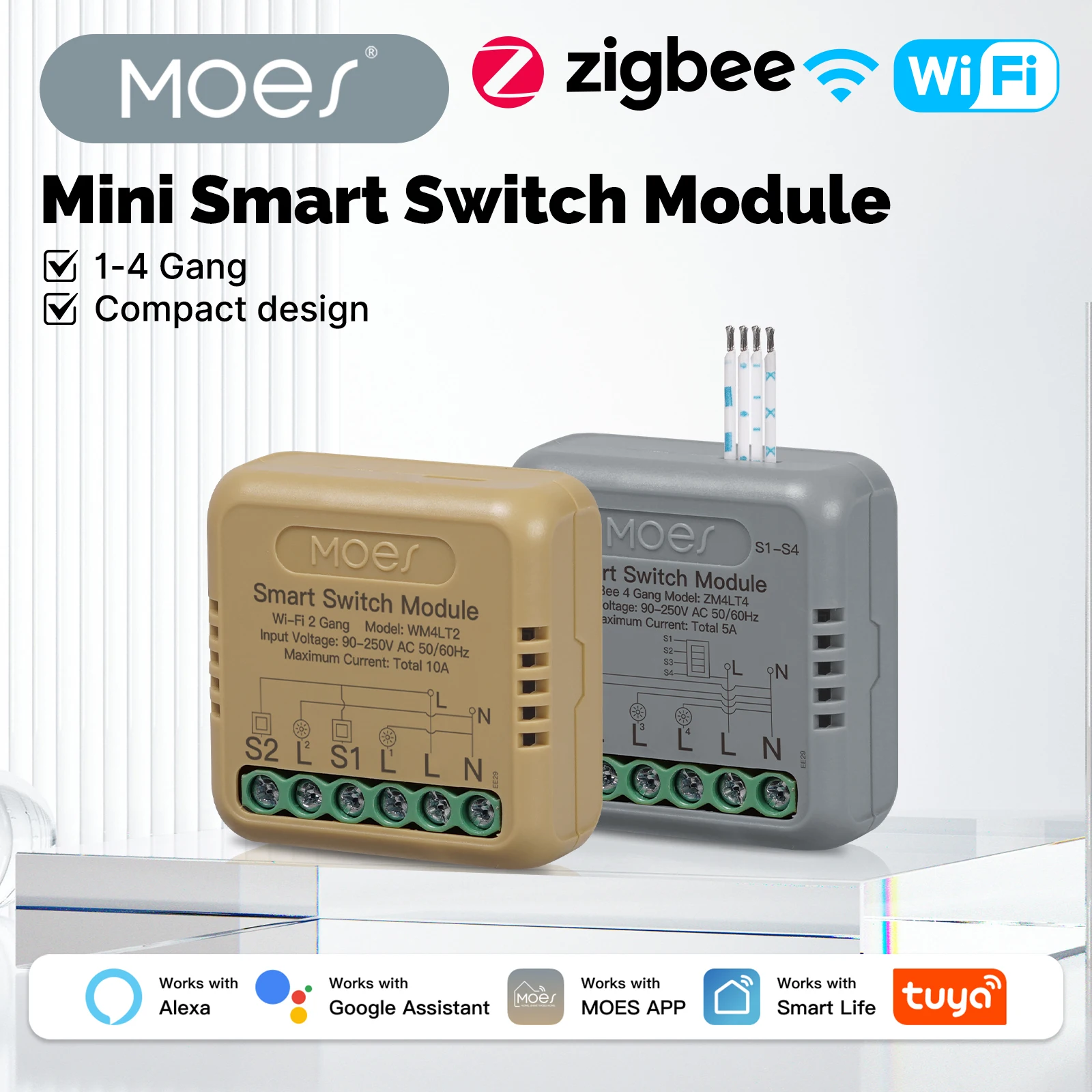 ​ ​ Moes mini interruptor inteligente 1-4 gang, módulo wifi/zigbee diy, funciona com alexa e google home, temporizador e controle de voz, automação residencial ​ ​