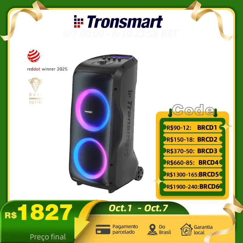 Tronsmart Caixa de Som Halo 300 caixa de som bluetooth potente do brasil, Alto-falante Partybox 240W com entrada de guitarra/mic/XLR, TWS, 20H de reprodução, rolos de portabilidade e para, caixinha de som, Frete grátis