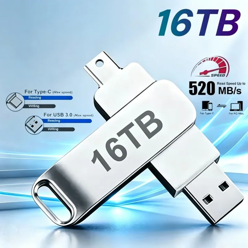 Pen drives USB 3.2 de 16TB, transferência de alta velocidade, pendrive de metal, cartão de memória, disco flash, memória à prova d'água, lançamento 2026.