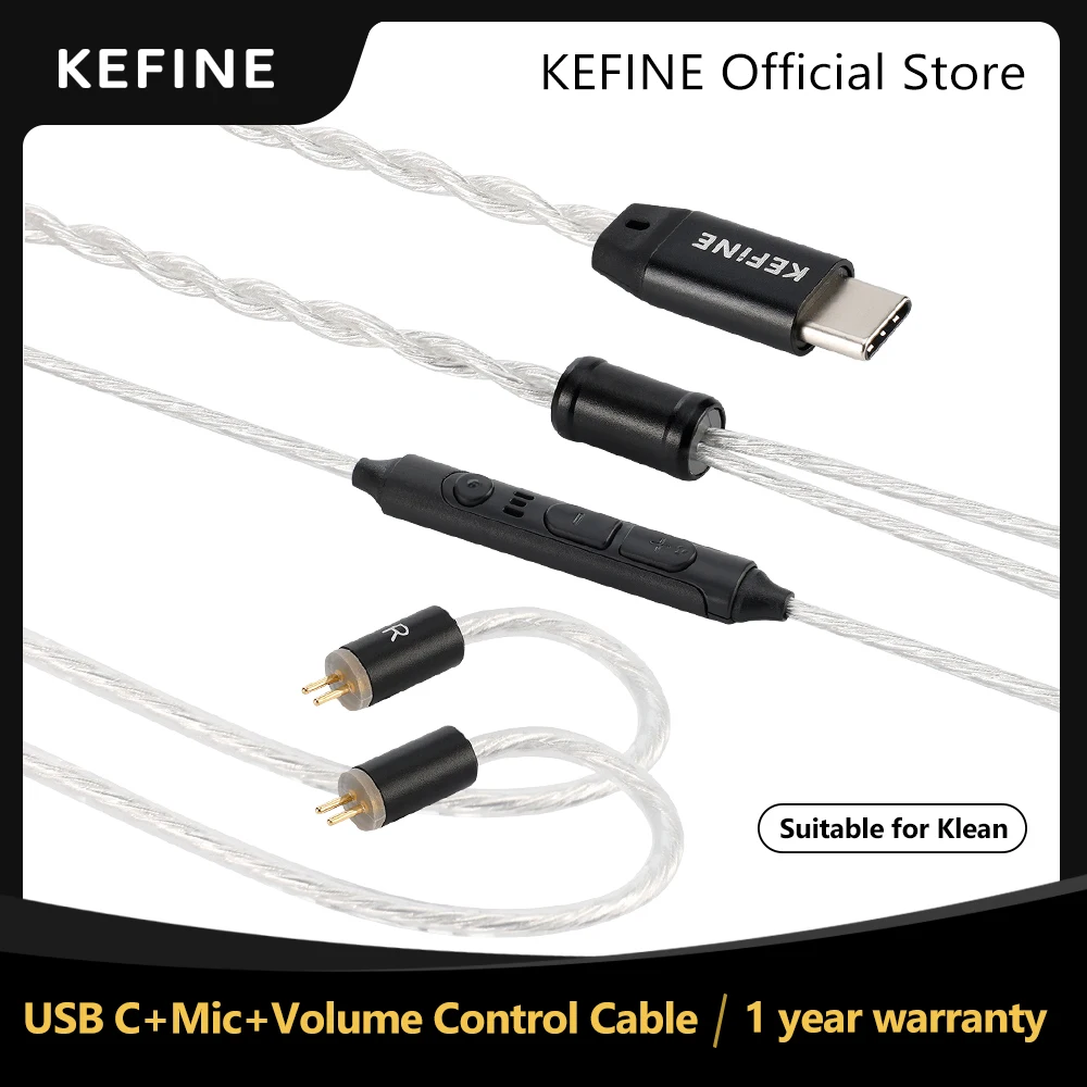 Kefine cabo destacável banhado a prata para fone de ouvido com fio Klean hifi tipo C USB C + microfone + controle de volume Kefine cabo destacável banhado a prata para fone de ouvido com fio Klean hifi tipo C USB C + microfone + controle de volume