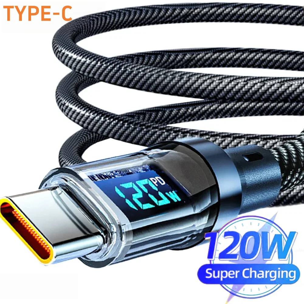 Cabo de carregamento super rápido de 120 W com visor digital em tempo real, cabo de dados USB A para Tipo C, compatível com iPhone, smartphones Android e outros dispositivos. Cabo de carregamento super rápido de 120 W com visor digital em tempo real, cabo de dados USB A para Tipo C, compatível com iPhone, smartphones Android e outros dispositivos.