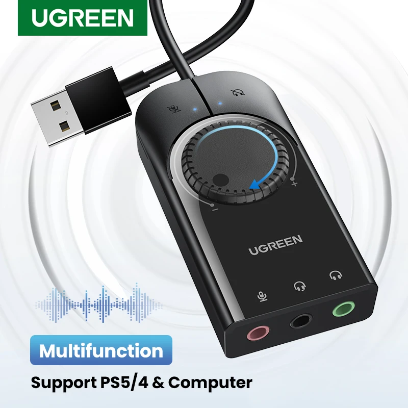 Ugreen placa de som interface de áudio usb externo 3.5mm microfone adaptador de áudio placa de som para computador portátil ps4 fone de ouvido placa de som usb