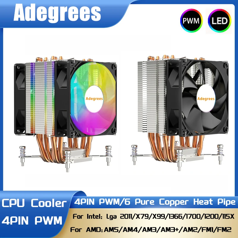 Cooler de Ar para CPU com 2/4/6 Tubos de Calor, Ventilador RGB PWM de 4PIN para Processadores Intel LGA X79 X99 2011 1700 1150 1151 1366 1155 1200