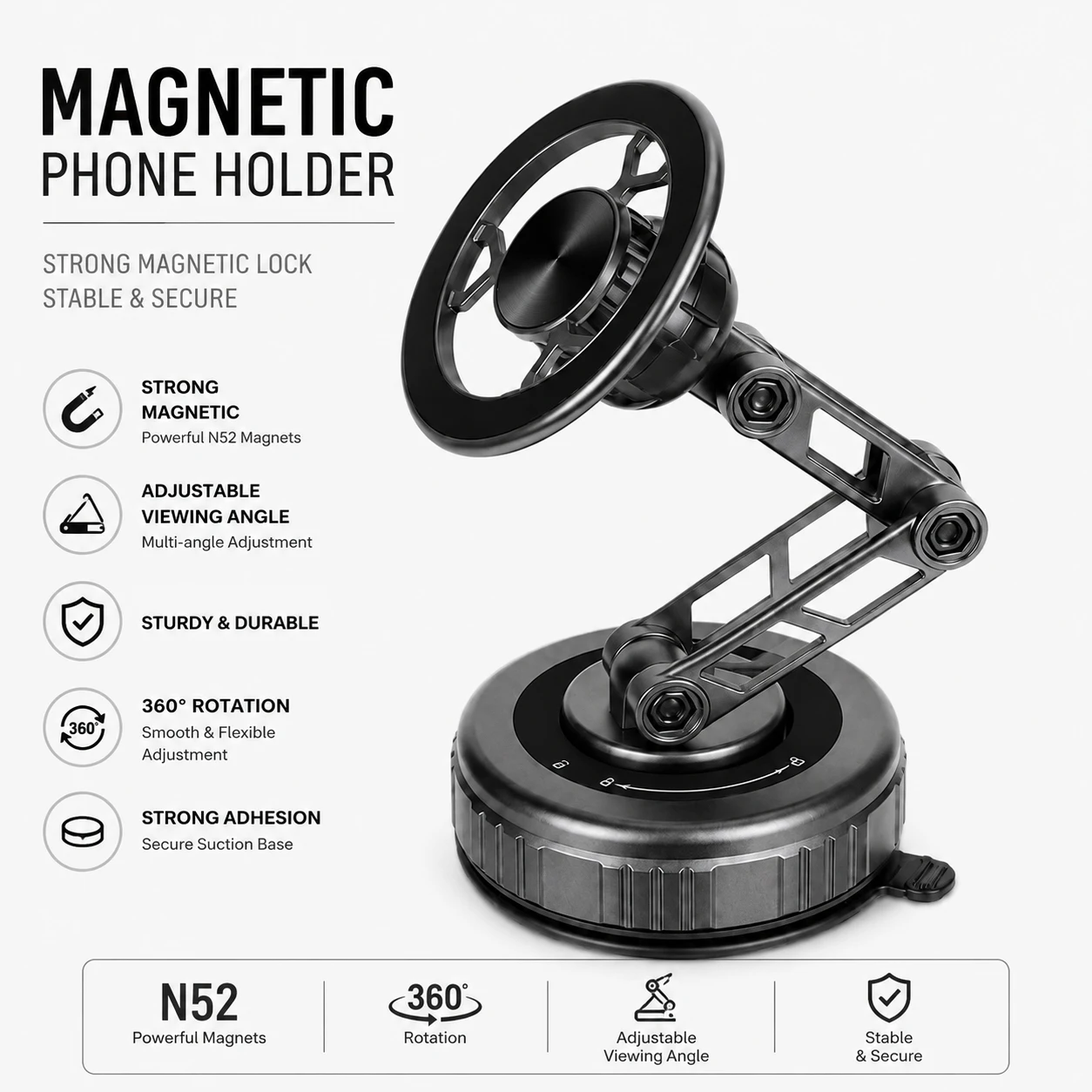 Suporte Magnético para Carro com Vácuo – Dobrável 3 Eixos 360 ° Suporte para Navegação no Painel, Suporte Universal para Todos os Smartphones