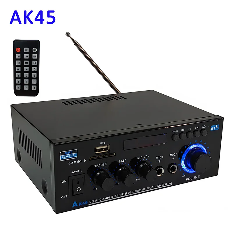 Ak45 amplificador de áudio digital bluetooth de alta fidelidade mp3 canal 2.0 amplificador de potência de som estéreo casa carro automotivo para alto-falantes max 350w * 2