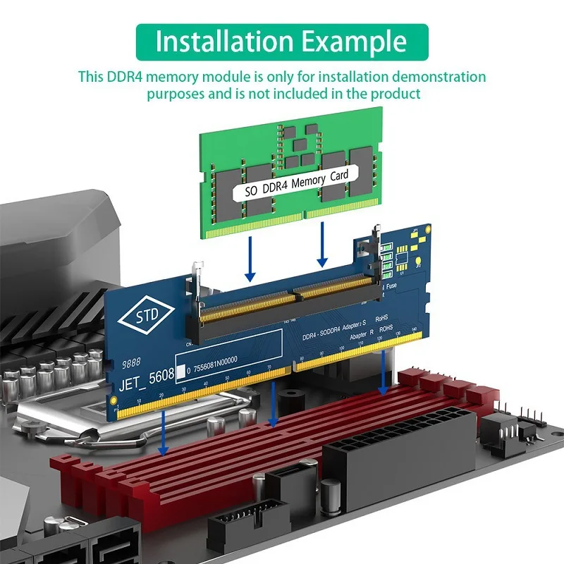 Placa adaptadora para transferir memória RAM SO-DIMM DDR4 de portátil para computador de mesa, com função de teste e conversão, compatível com frequência de 5600 MHz.