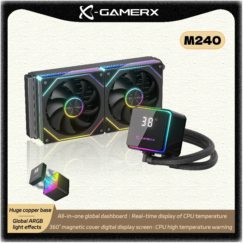 PowerTrain X-GAMERX M240 Water Cooler 240mm com Efeitos de Luz ARGB Globais 12V 360 ° Capa Magnética com Tela Digital de Exibição 26.9dB PowerTrain X-GAMERX M240 Water Cooler 240mm com Efeitos de Luz ARGB Globais 12V 360 ° Capa Magnética com Tela Digital de Exibição 26.9dB