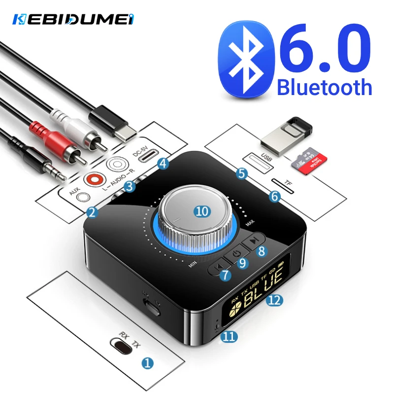 KEBIDUMEI Receptor Transmissor Bluetooth 6.0 TF/U-Disk RCA 3.5mm AUX Adaptador de Áudio Sem Fio com Controle Remoto para Carro, Caixa de Som e Amplificador KEBIDUMEI Receptor Transmissor Bluetooth 6.0 TF/U-Disk RCA 3.5mm AUX Adaptador de Áudio Sem Fio com Controle Remoto para Carro, Caixa de Som e Amplificador