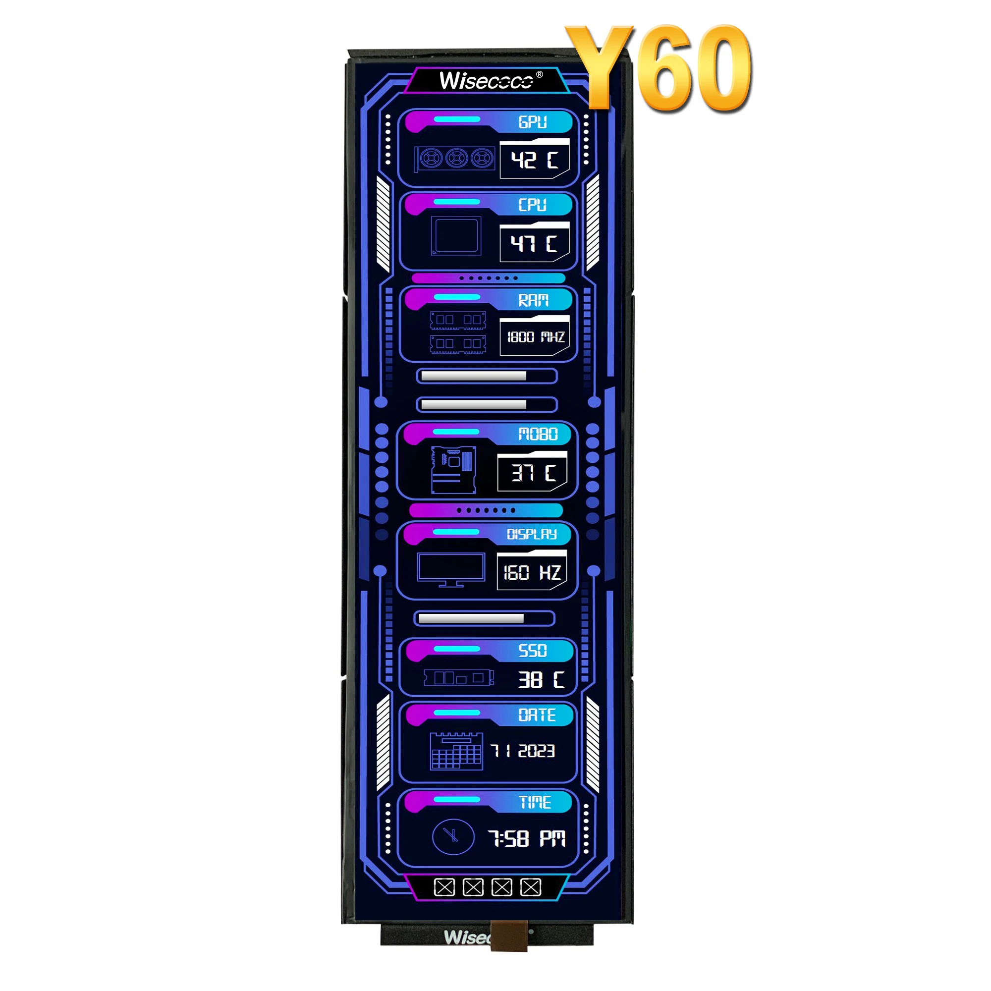 Monitor Portátil Wisecoco de 12,6 Polegadas para PC Gamer, Display LCD Auxiliar com Monitoramento de Temperatura de CPU e GPU para Case DIY Y60