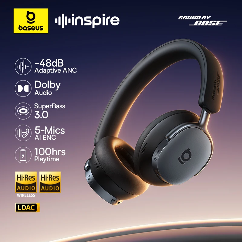 Fone de Ouvido Sem Fio Baseus Inspire XH1 com Som Bose ANC Bluetooth 6.1 Cancelamento Adaptativo de Ruído 48dB Headset Hi-Res LDAC 100Hr