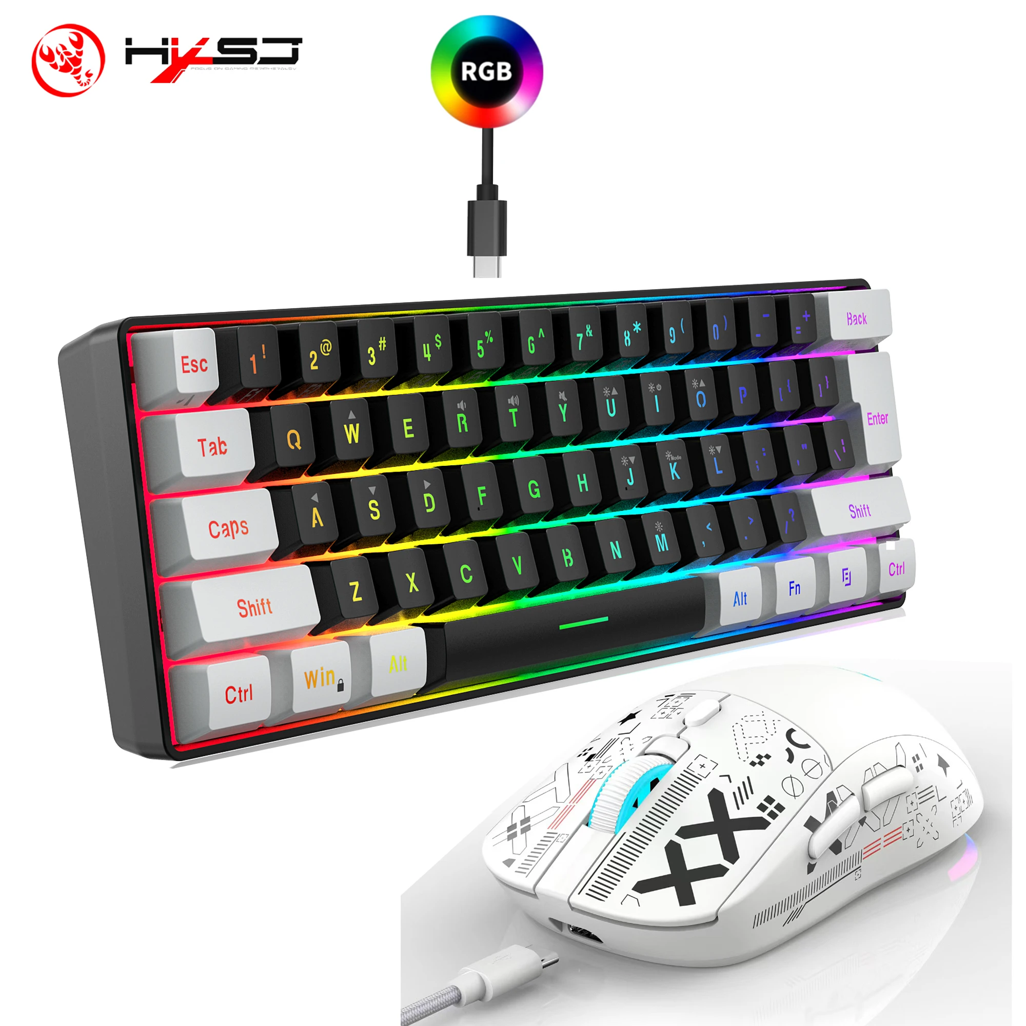 Conjunto de Teclado e Mouse Gamer HXSJ-60% RGB Retroiluminado, Teclado com 61 Teclas e Mouse Óptico Sem Fio de 3 Modos para Laptop e PC