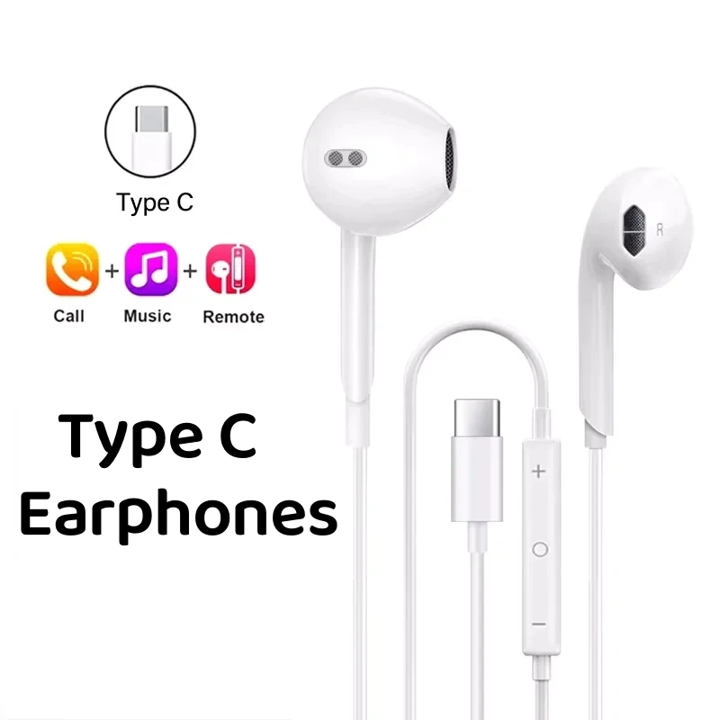 Fones de Ouvido com Fio Tipo C para iPhone 15 16 Pro Max com Microfone, Fones de Ouvido Intra-auriculares de 3,5mm para Samsung Huawei Xiaomi USB-C