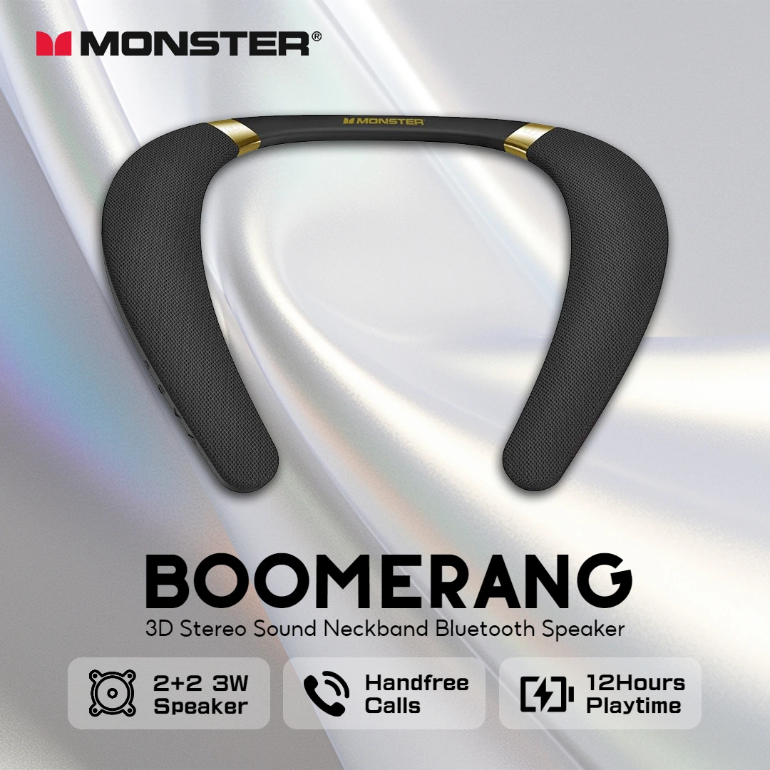 Caixa de Som Bluetooth Monster Boomerang com Fita para Pescoço, Som Estéreo 3D, à Prova d'Água IPX7, Caixa de Som Sem Fio Vestível