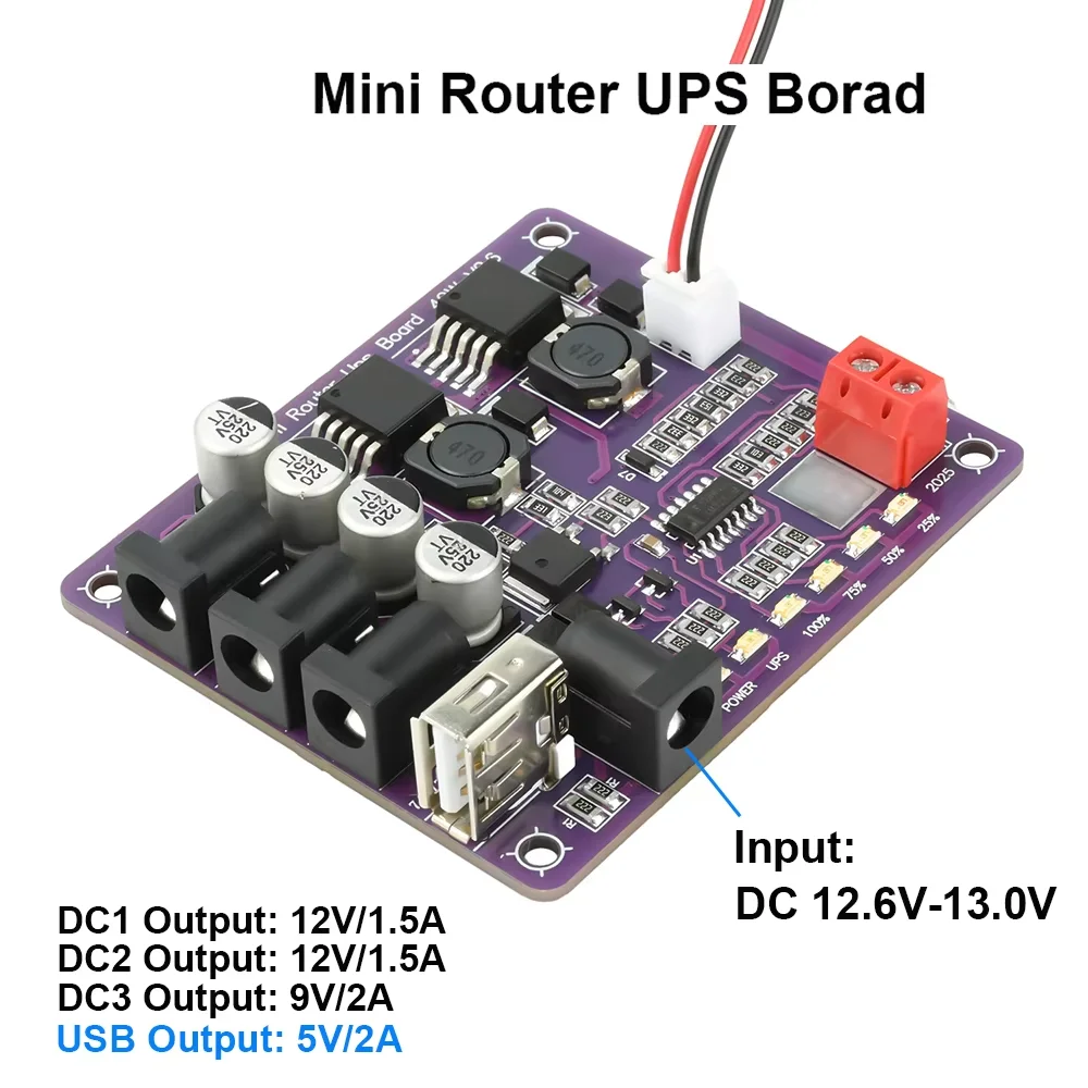 Placa UPS Mini de 40W para Roteador, 5V 9V 12V, Saída de 4 Canais, Placa de Carregamento de Bateria para Fonte de Alimentação Ininterrupta de Roteador