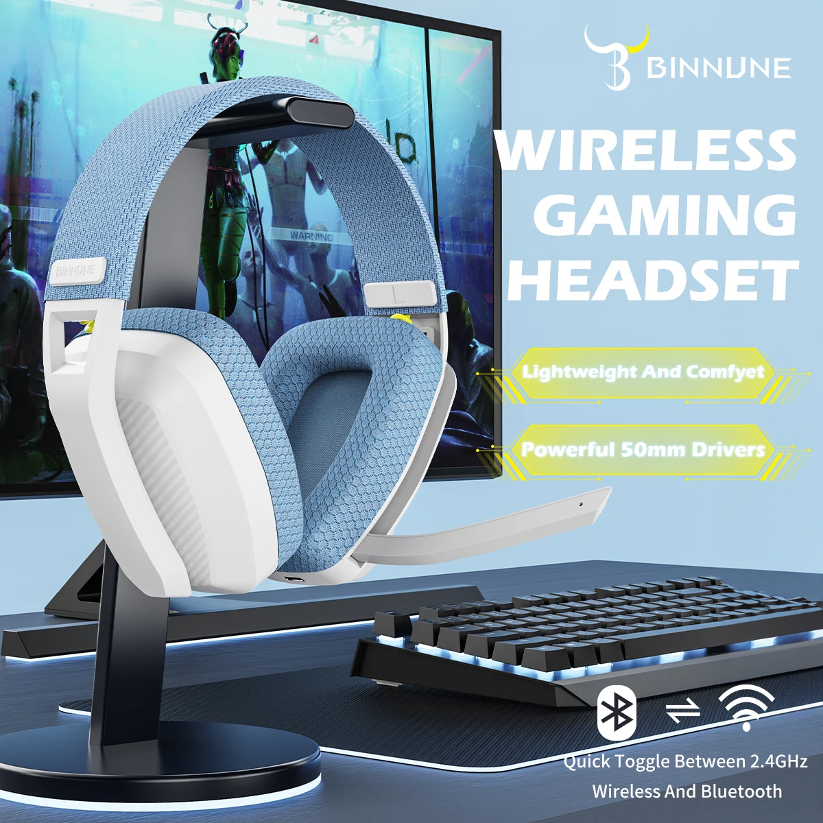 BINNUNE BW06 Fones de ouvido Bluetooth Gamer com microfone sem fio 2,4 GHz Fones de ouvido para jogos com microfone para PS5 PS4 PC Mac Playstation