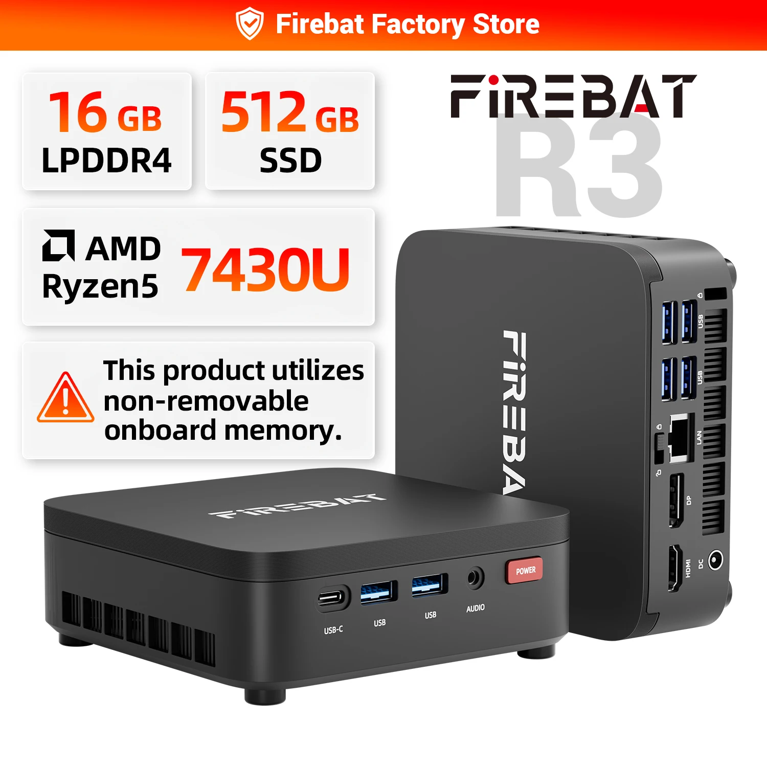 FIREBAT R3 MINI PC AMD Ryzen 5 7430U 6C/12T MAX 4.3GHz 16GB LPDDR4 RAM 512GB SSD WIFI6 BT5.2 Computador Desktop com Windows 11