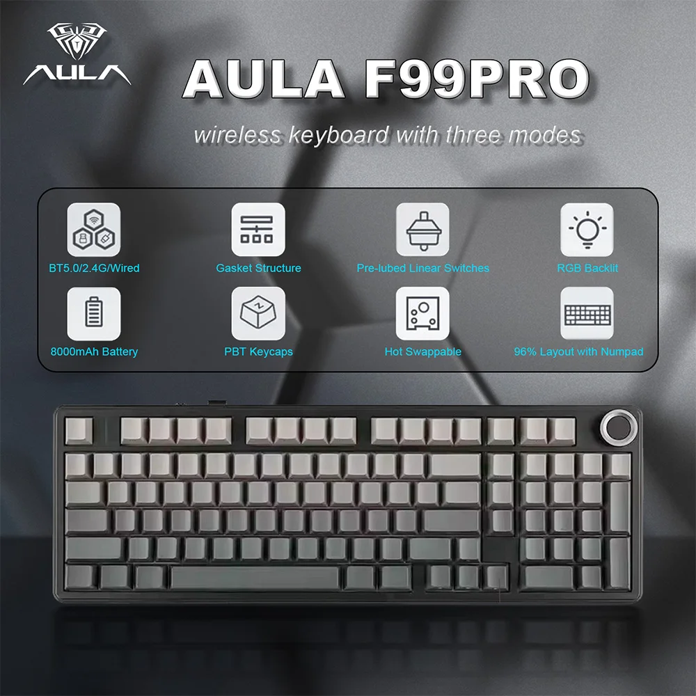 Teclado Mecânico Gamer Sem Fio AULA F99 PRO 99 Teclas Hot Swappable Estrutura Gasket 96% Bateria de 8000mAh com Knob