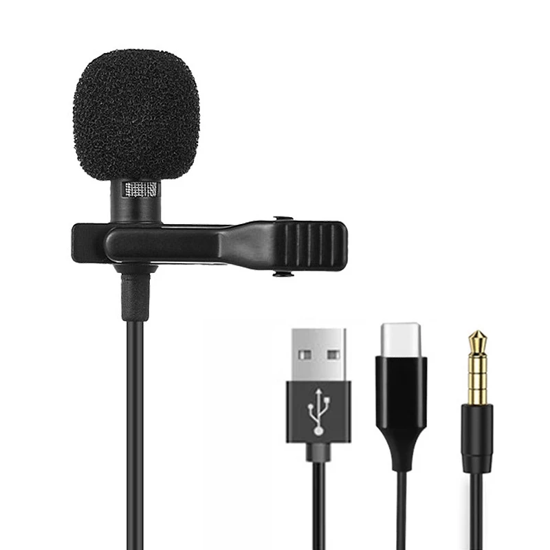 Microfone Mini de 3,5 mm para PC, laptops, microfone de lapela com clipe tipo C para smartphones, microfone profissional USB para câmaras DSLR.