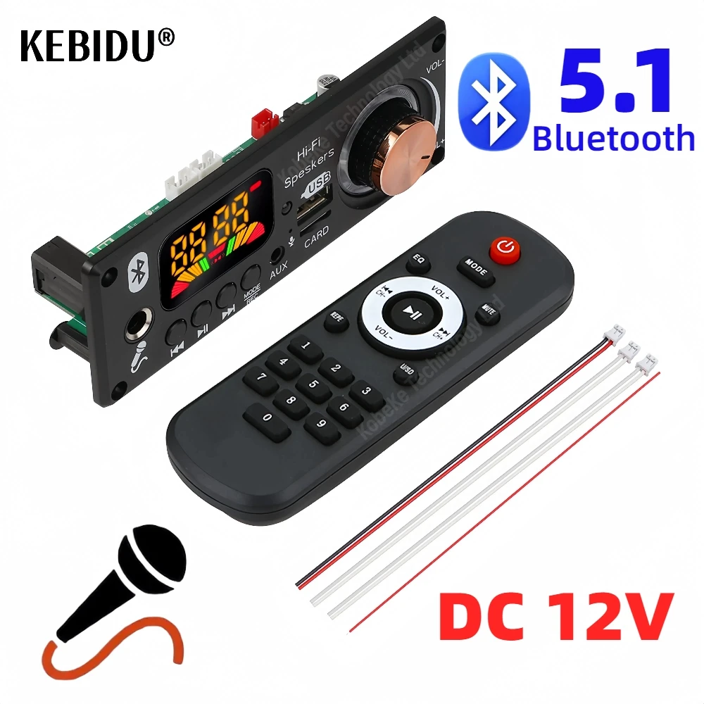 Bluetooth 5.1 mp3 wma wav placa decodificadora 12v handsfree 6.5mm microfone usb tf fm carro áudio leitor música alto-falante controle volume