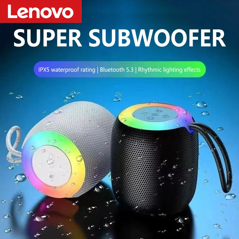 Mini Caixa de Som Bluetooth Lenovo à Prova d'Água com Subwoofer Sem Fio e Luzes LED Rítmicas, Alça Portátil para Festas ao Ar Livre