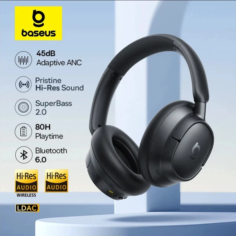 Fones de Ouvido Sem Fio Baseus EH10 NC ANC com Cancelamento de Ruído Adaptativo Híbrido de 45dB, Headsets Hi-Res LDAC, Bluetooth 6.0, 80 Horas de Duração