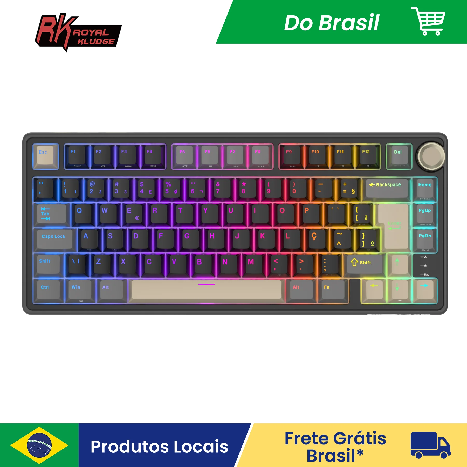 Teclado Mecânico RKR75 Royal Kludge Brasileiro 75% Gasket RGB Retroiluminado com Fio Hot Swap Gamer com Knob e Keycaps PBT MDA