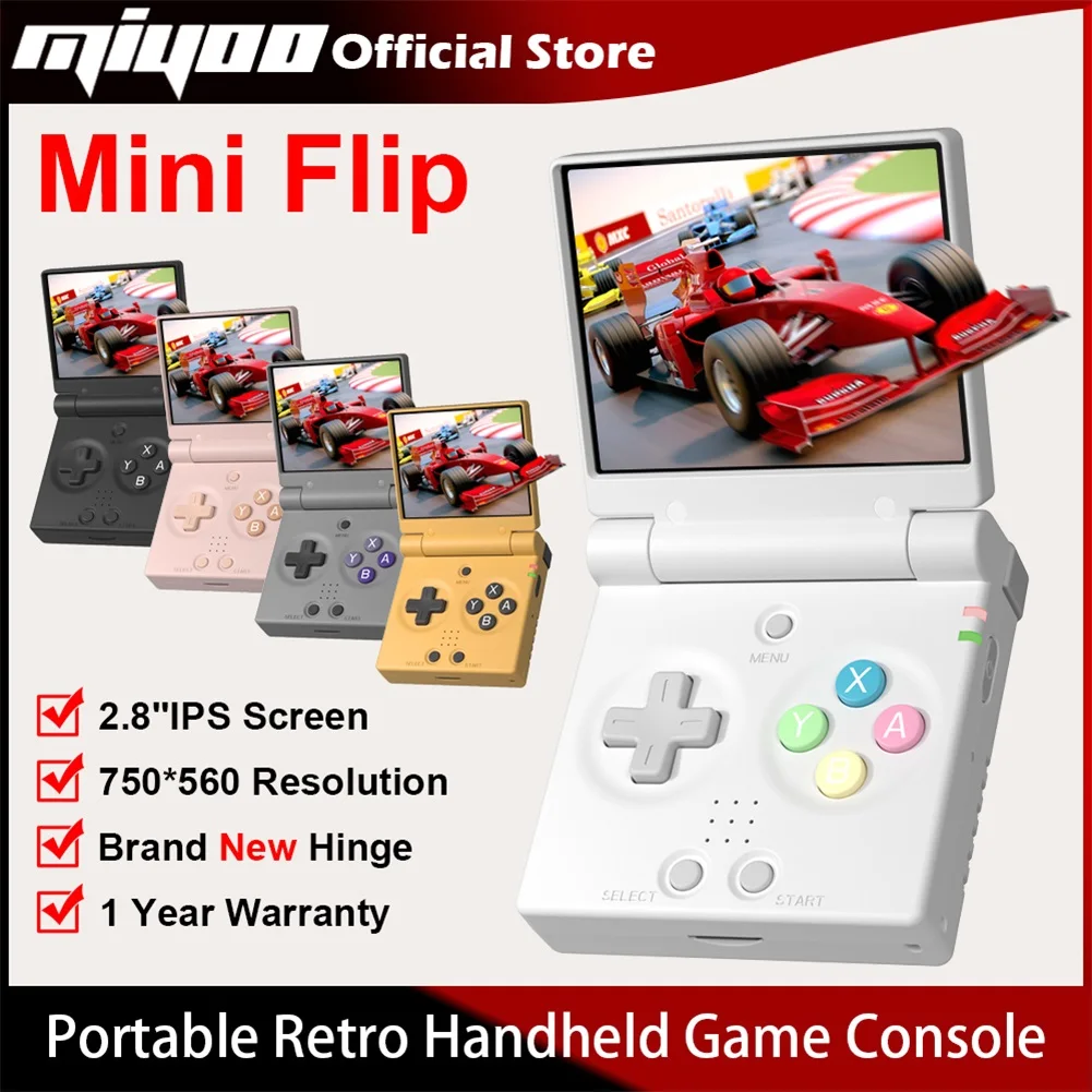 MIYOO Mini Flip Retro Console de jogos portátil com nova dobradiça 2.8 ''IPS Tela Consoles de videogame portáteis Emulador de jogos clássico