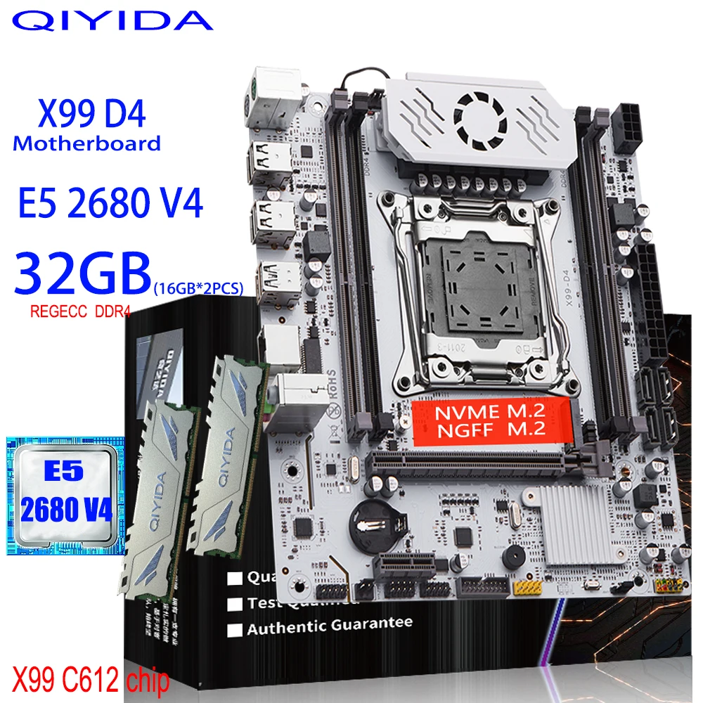Qiyida x99 conjunto de placa-mãe kit xeon lga 2011-3 e5 2680 v4 processador cpu 2*16g = 32g ddr4 reg ecc ram x99 c612chip memória nvme m.2