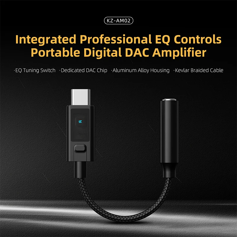 KZ AM02 TYPE-C PARA 3.5 com Função de Ajuste de Som de Nível Profissional e Amplificador de Fone de Ouvido Portátil com Decodificação Digital