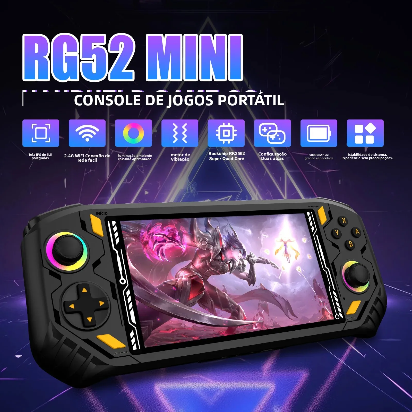 Console de Jogo Portátil AISLPC RG52 MINI com Tela IPS de 5.5", Wi-Fi 2.4, Mais de 22000 Jogos, Chip RK3562, Sistema Duplo, Reprodutor de Vídeo de Bolso Portátil Console de Jogo Portátil AISLPC RG52 MINI com Tela IPS de 5.5", Wi-Fi 2.4, Mais de 22000 Jogos, Chip RK3562, Sistema Duplo, Reprodutor de Vídeo de Bolso Portátil