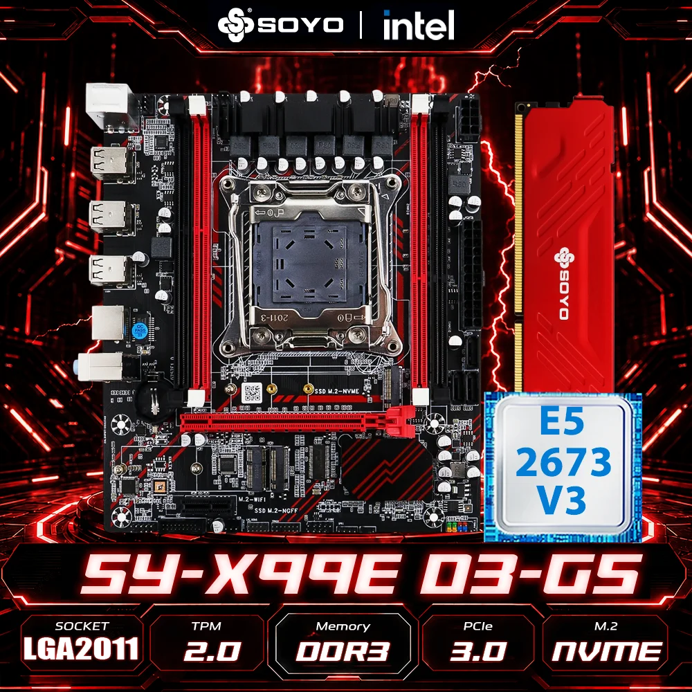 Placa-mãe SOYO X99 DDR3 com CPU E5 2673 V3, Conjunto de Memória RAM DDR3 8G*1 com Xeon Intel LGA2011-3, Memória para PC Gamer, PCI16x3.0 NVMe M.2 SATA2.0