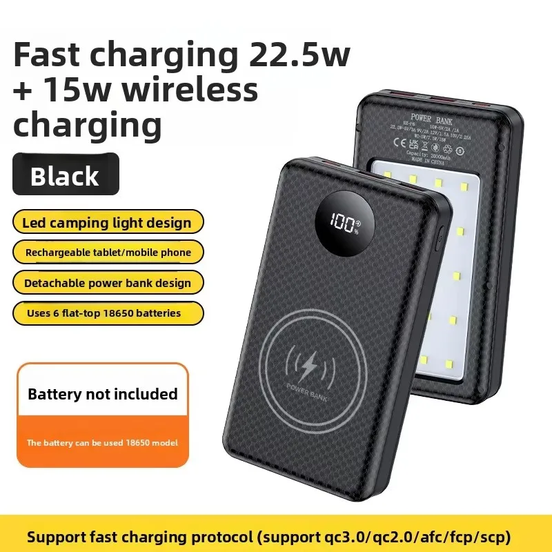 Capa de Power Bank Destacável 10W 22.5W com Carregamento Rápido, Entrada Tipo-C, Bateria 6*18650, Carregador Sem Fio 15W, Caixa DIY para Powerbank com Luz