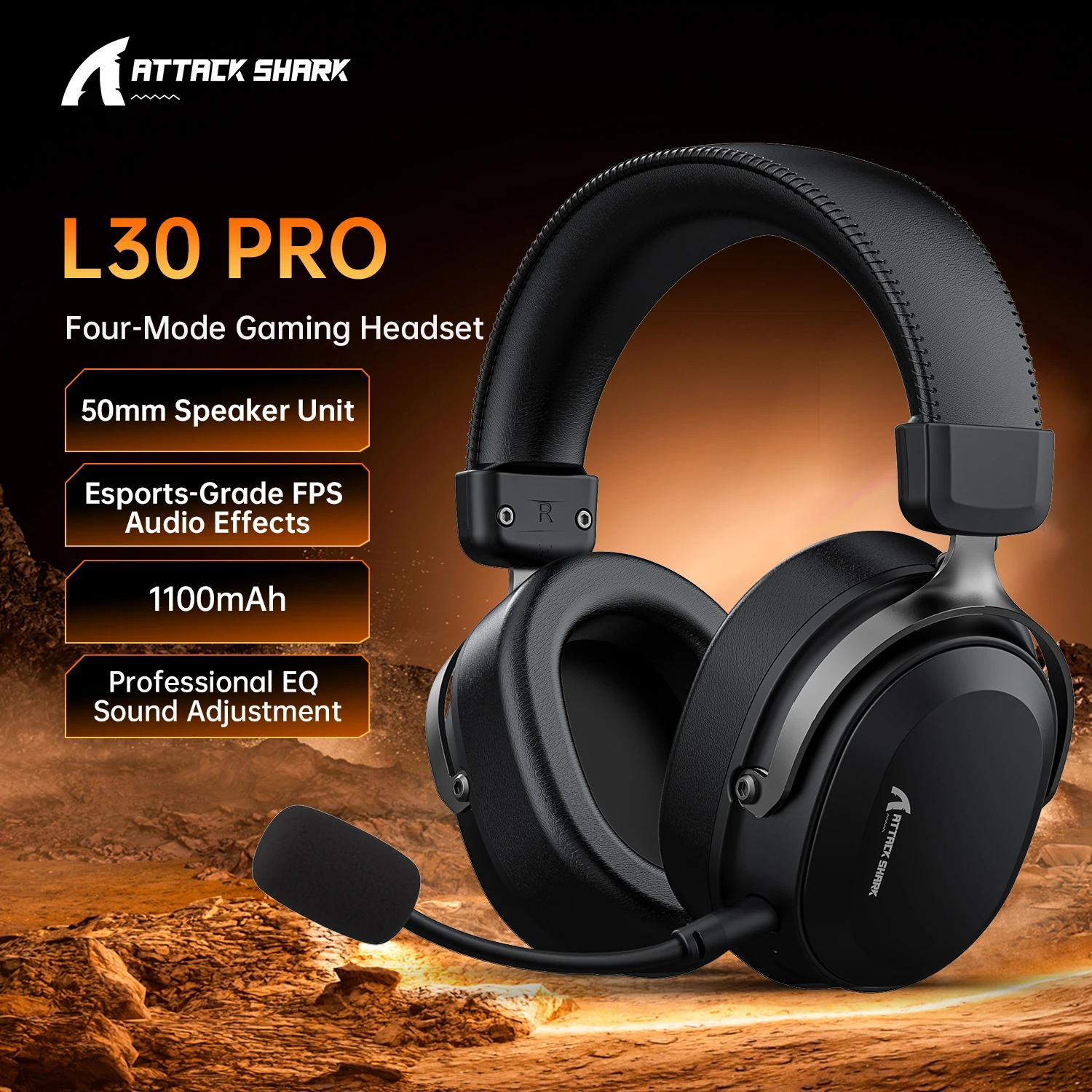 Fone de Ouvido Gamer Sem Fio ATTACK SHARK L30PRO com Surround 7.1, Drivers de 50mm, Baixa Latência, Bluetooth 2.4G e Microfone Destacável com Fio