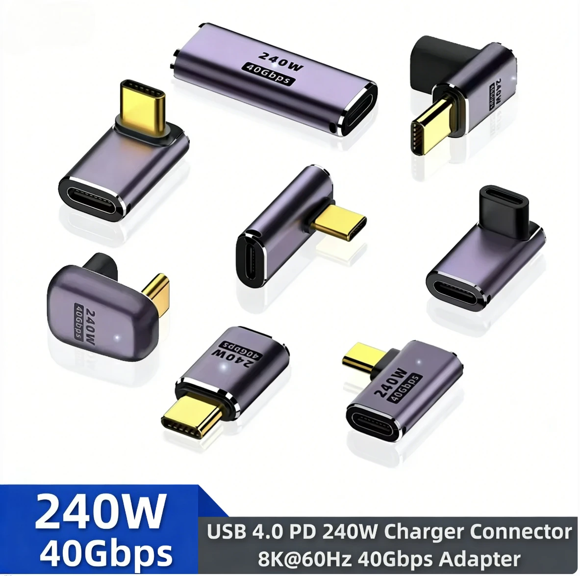Adaptador USB C para Tipo C com Carregamento Rápido USB4.0 40Gbps em Formato U com Ângulo Reto 240W 5A para Macbook 8K60HZ