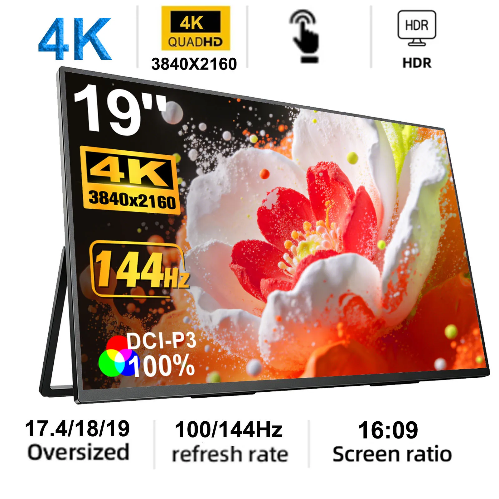 Monitor portátil para jogos de 17,4/18,5/19 polegadas, 4K 2160P, 100Hz, 144Hz, HDR, HDMI, tipo C, para celular, NS, PS5, XBOX, PC, laptop, tela estendida