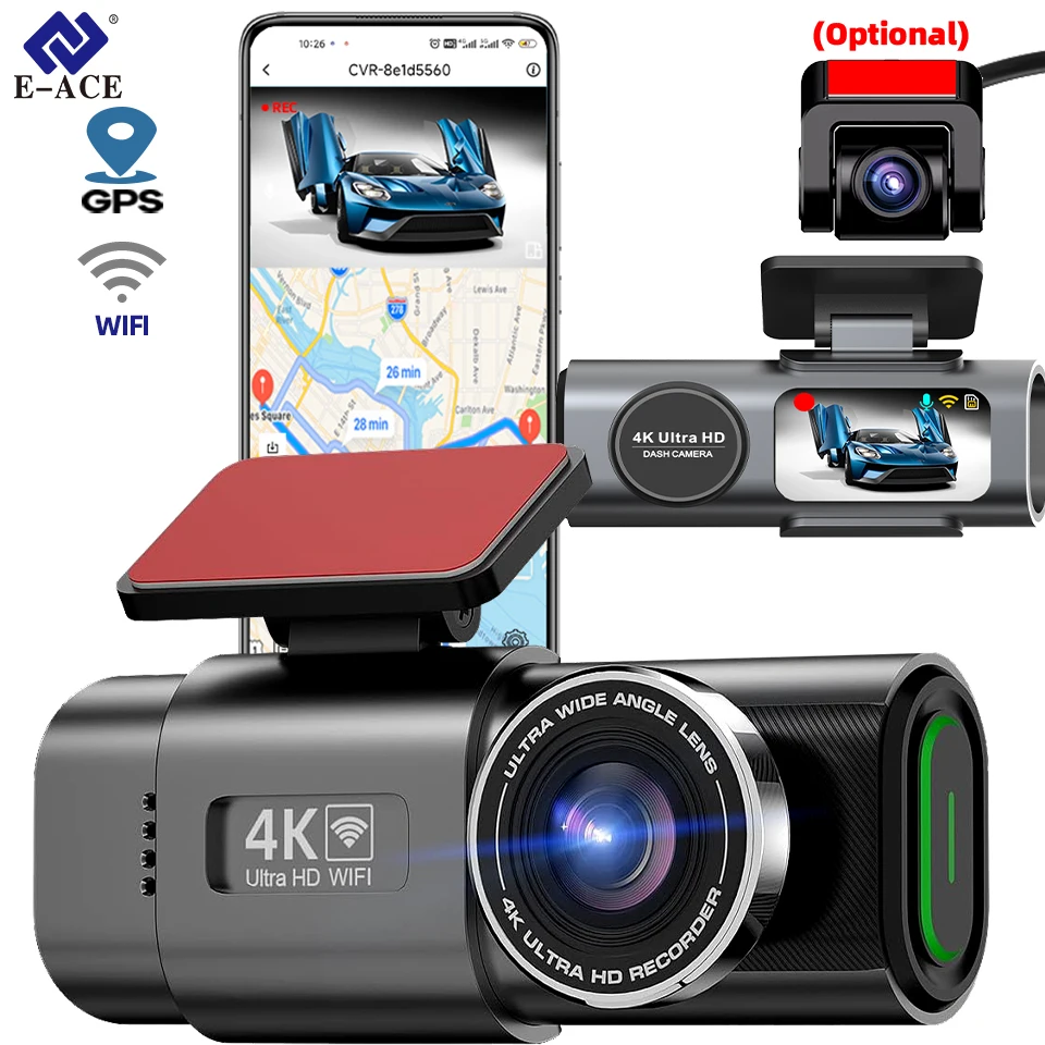 Dash cam 4k gps wifi app 24h visão noturna mini lente traseira opcional dashcam carro dvr câmera gravador de vídeo para carro caixa preta