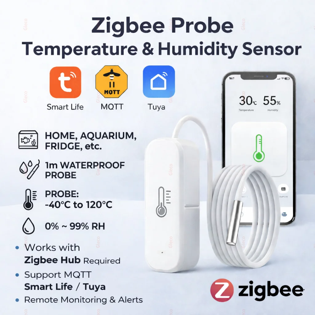 Termômetro e Higrômetro Inteligente Zigbee com Sonda para Detecção de Temperatura de Líquidos em Piscinas, Geladeiras e Freezers, Compatível com 2MQTT e TUYA Smart Life